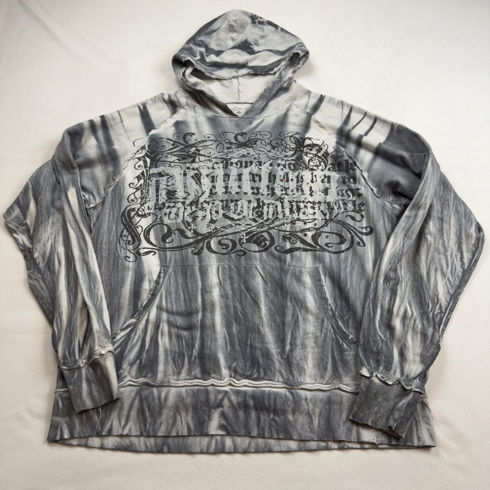 Affliction Men Gray Tie Dye Graphic Studded Hoodie Knight Armor Gothic Y2K Large
